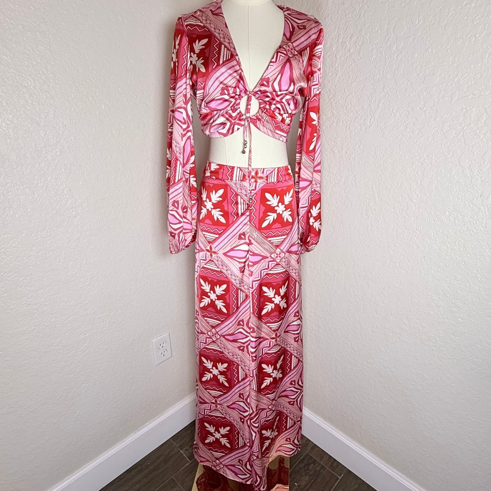 2 Piece Pant Set Caroline Constas Pink Red Geometric Floral Resort VacationXS